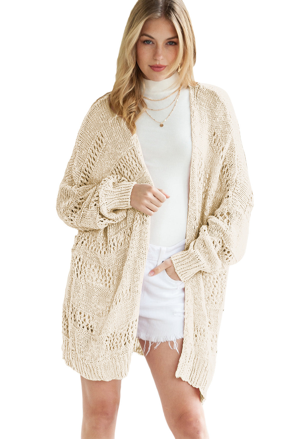 Apricot Casual Hollowed Knit Dolman Sleeve Cardigan