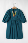 Blue Sapphire Puff Sleeve Pleated Pop of Color Neckline Dress