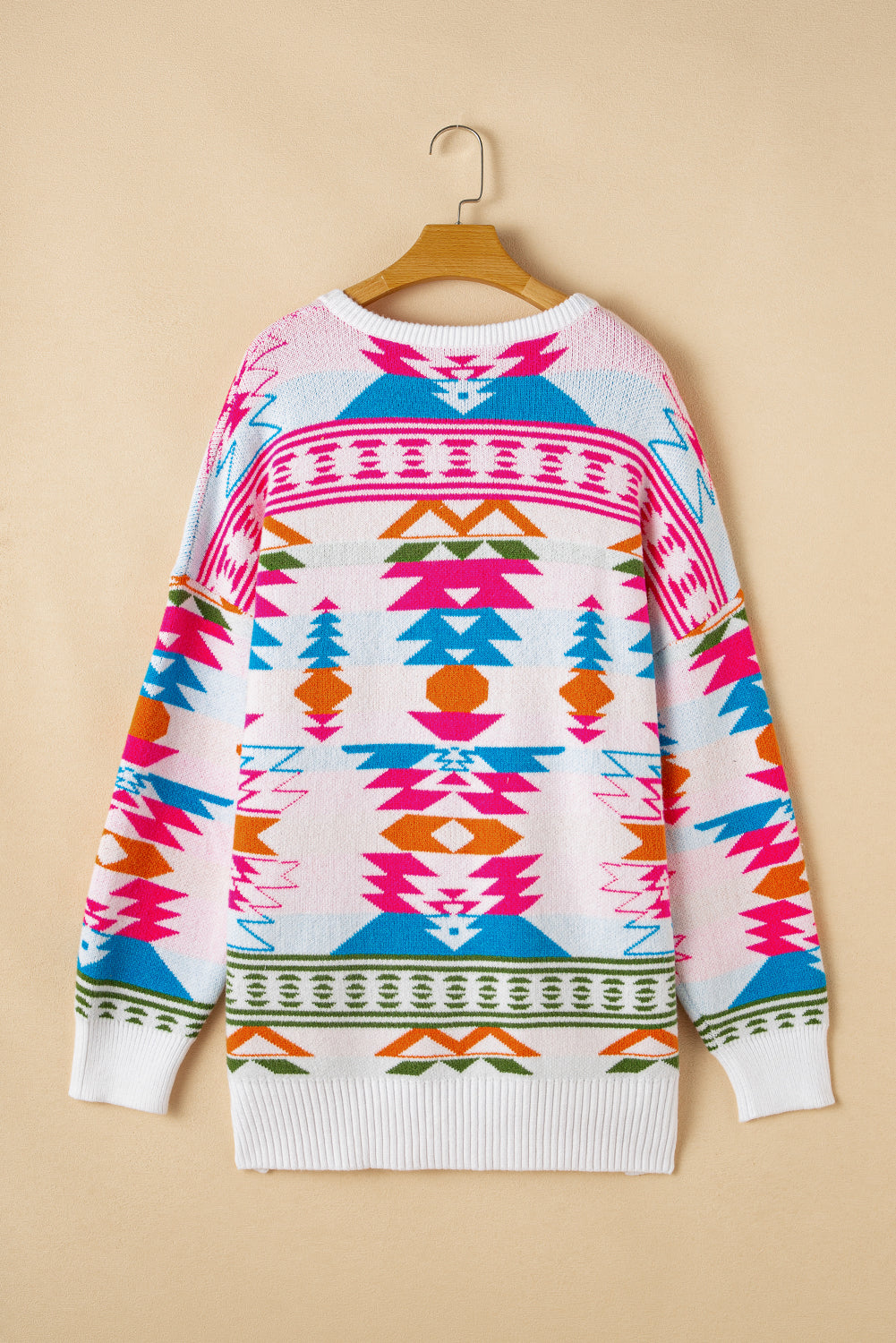 White Oversized Geometric Print High Low V Neck Sweater