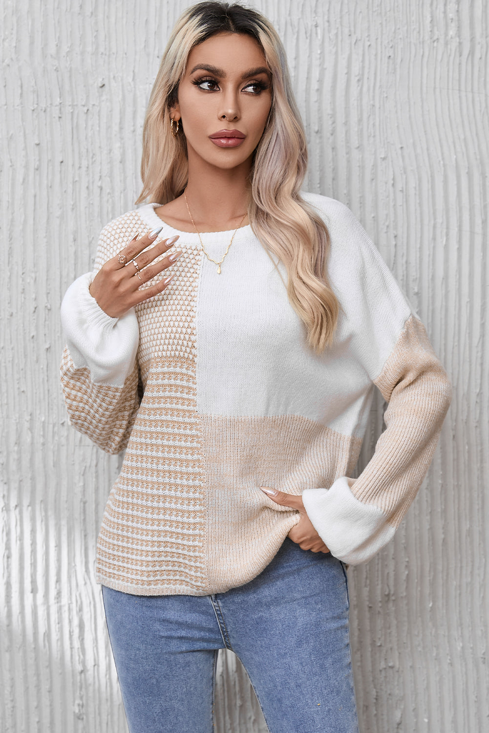 Oatmeal Mixed Pattern Knit Drop Shoulder Reversible Sweater