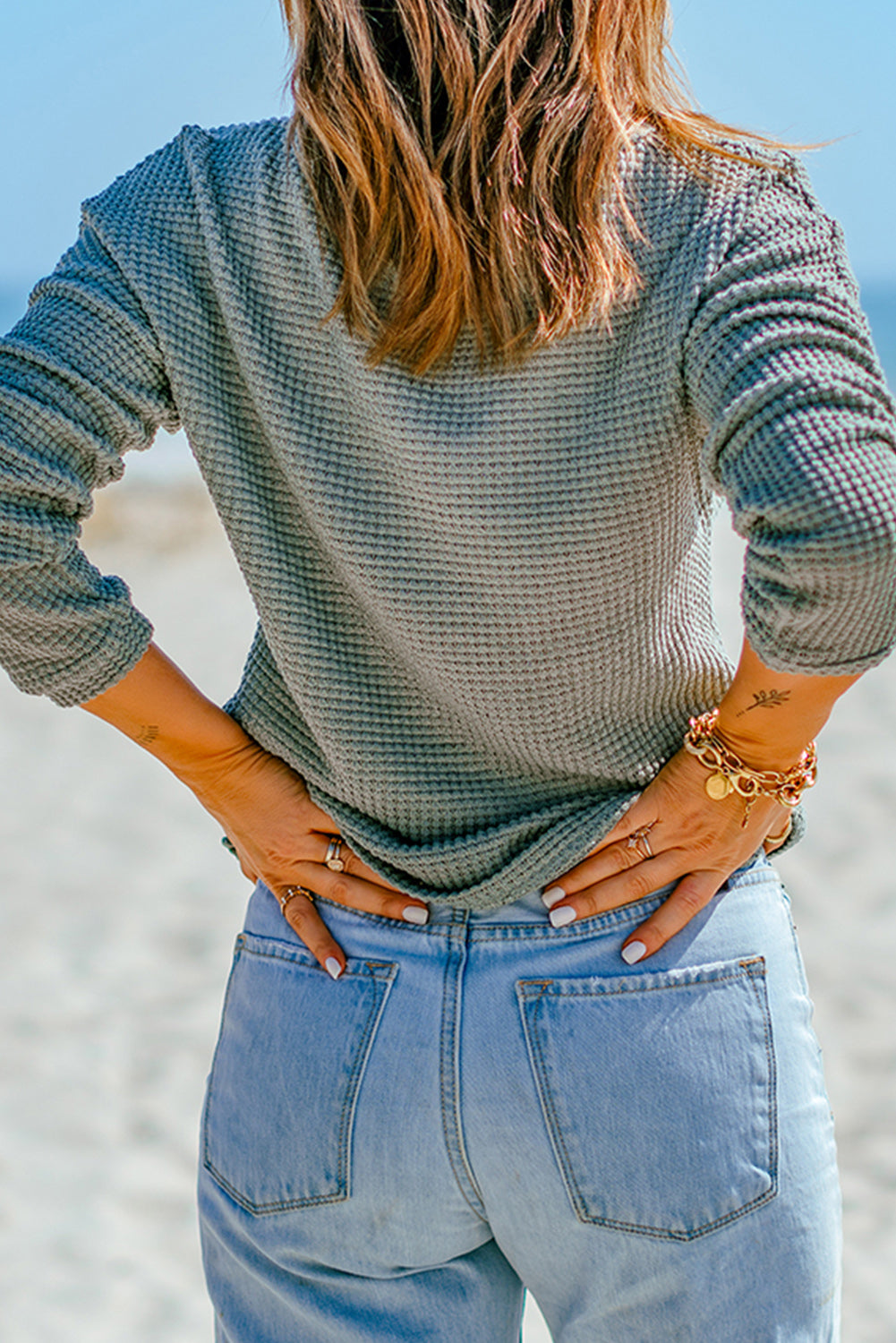 Navy Blue Waffle Knit Drop Shoulder Long Sleeve Top