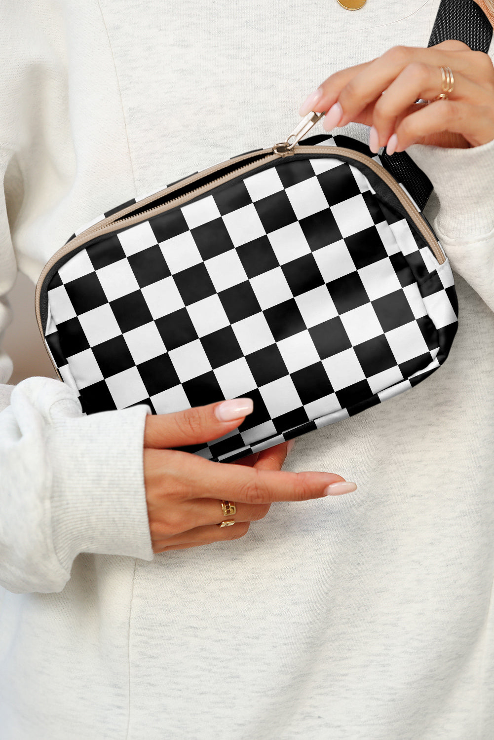 White Checkered Print Buckle Wide Belt Crossbody Bag