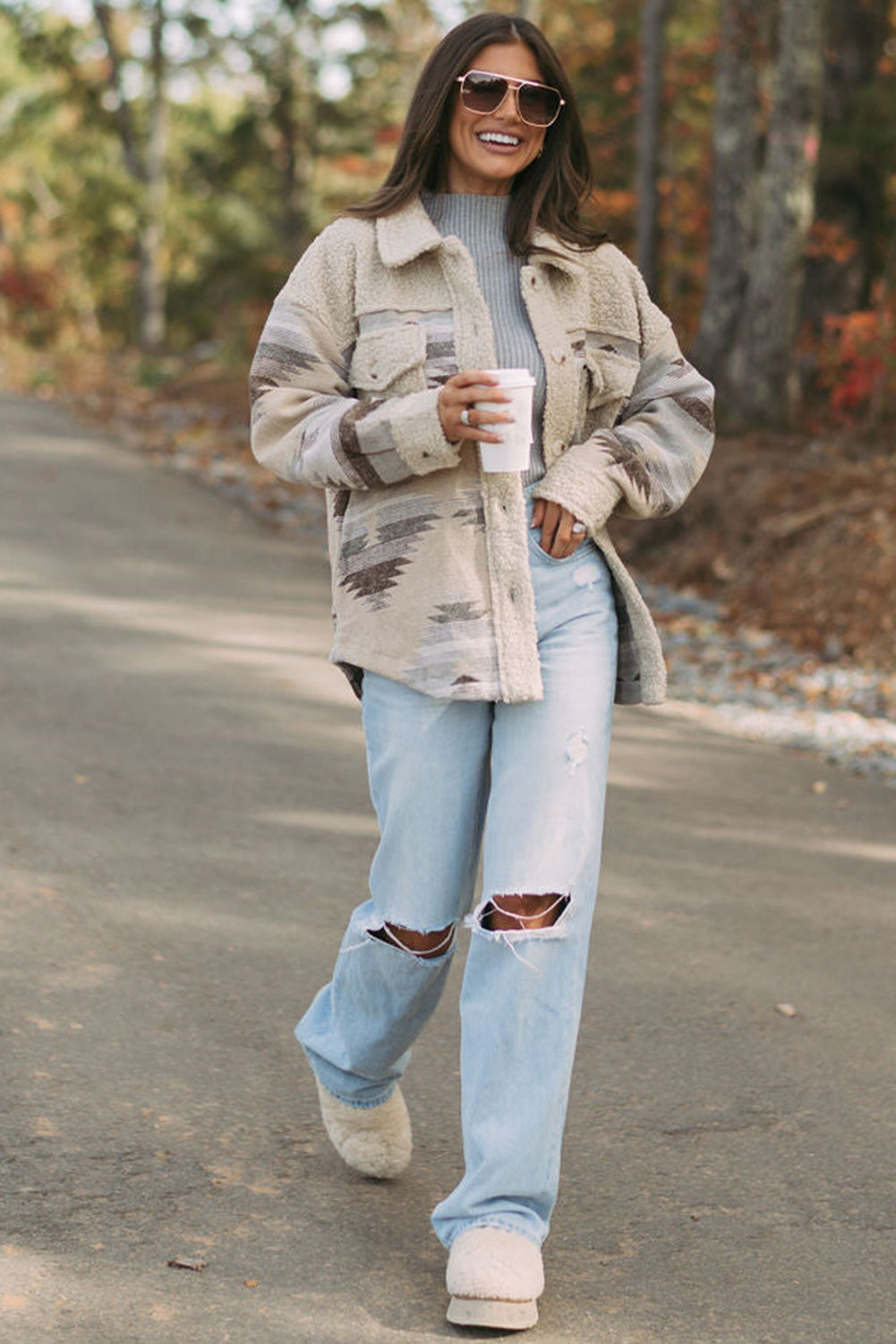 Pink Aztec Print Sherpa Splicing Buttoned Flap Pocket Coat