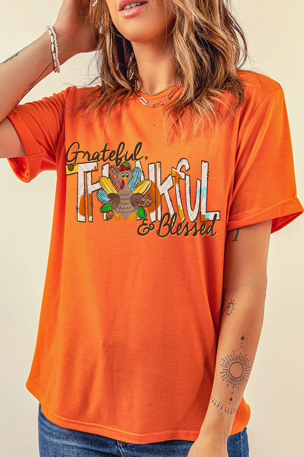 Orange Grateful Thankful Blessed Turkey Graphic Thanksgiving T Shirt