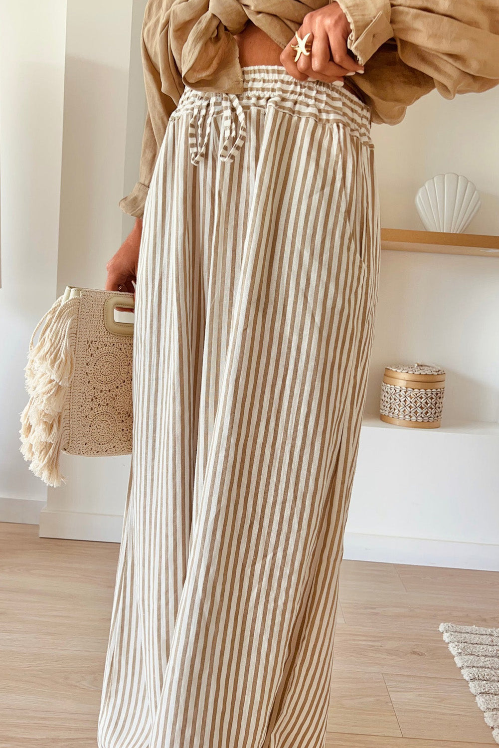 Khaki Striped Drawstring Waist Plus Size Wide Leg Pants