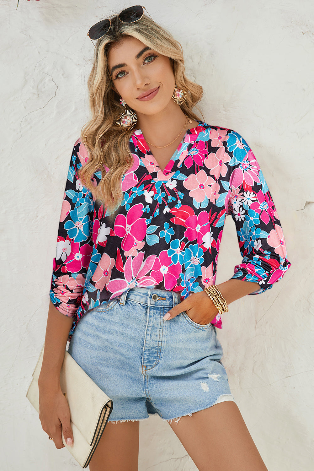 Pink Floral V Neck Roll Tab Sleeve Blouse