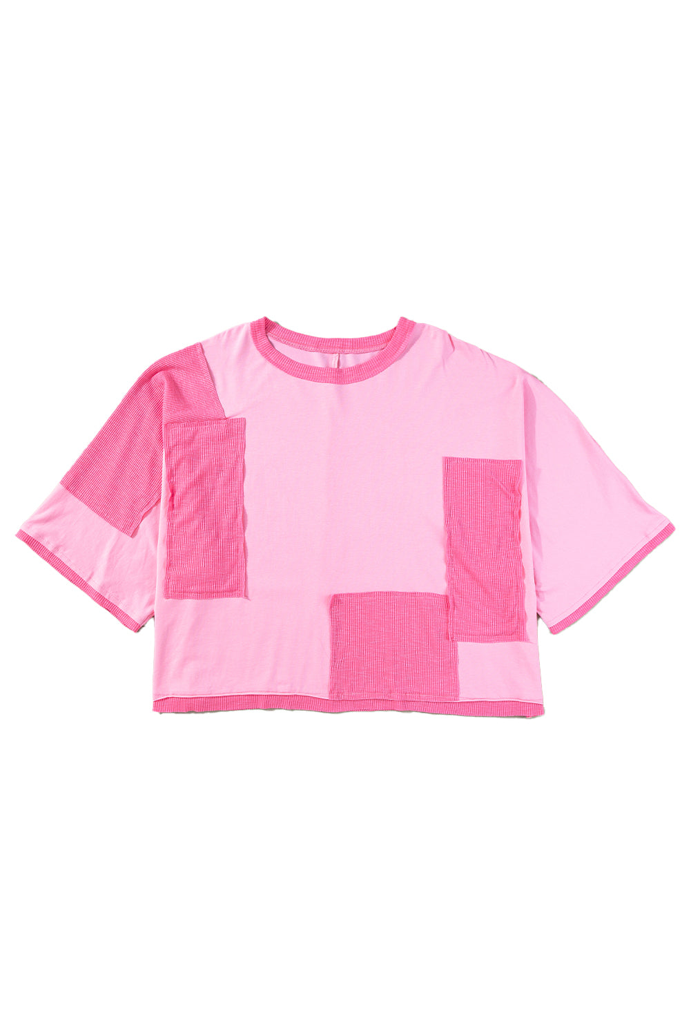 Pink Textured Patchwork 3/4 Sleeve Oversized Top