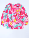 Pink Plus Size Graffiti Print Split Neck Puff Sleeve Blouse