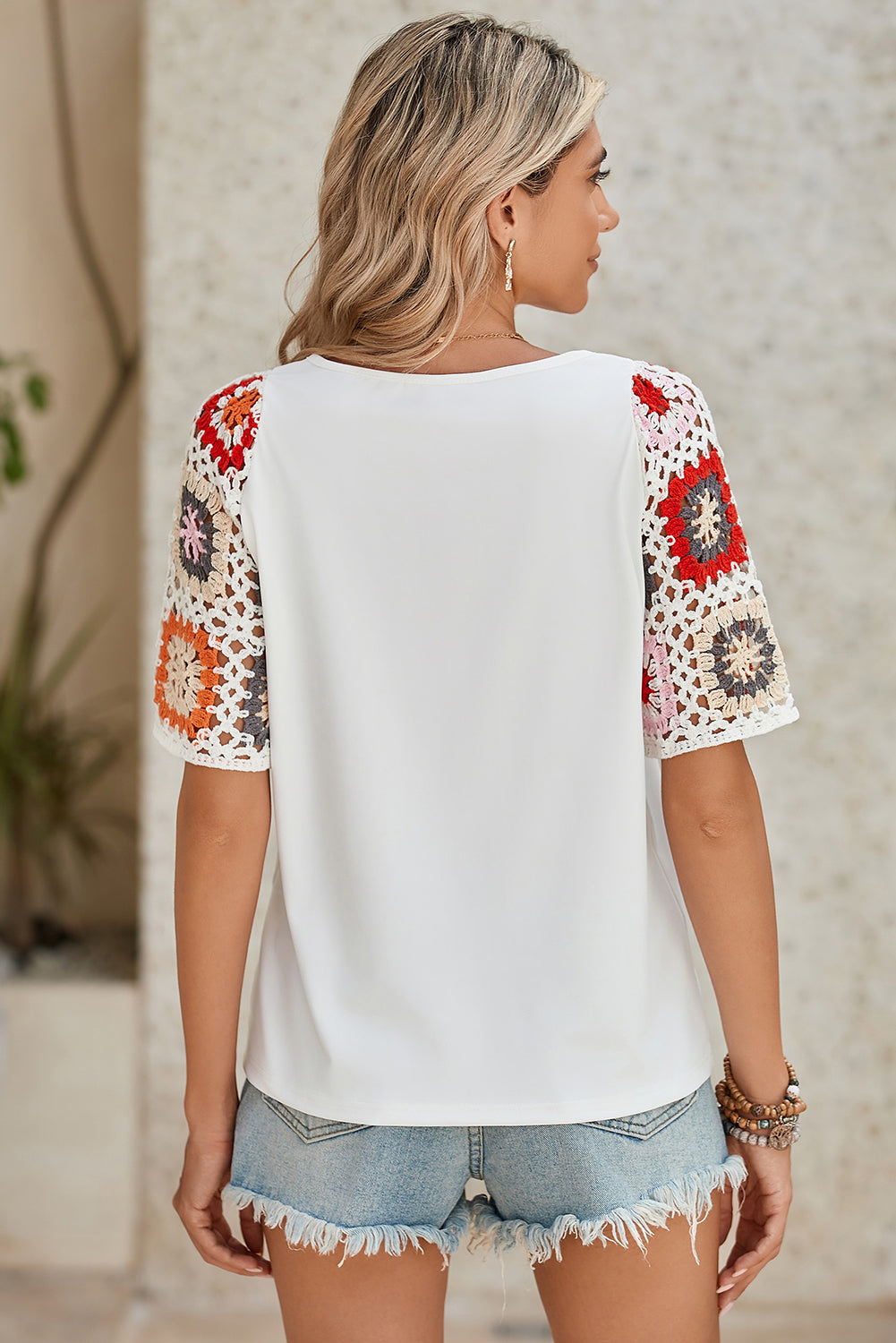 White Floral Hollowed Crochet Sleeve Boho T Shirt