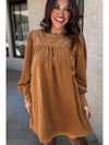 Desert Gold Velvet Pleated Puff Sleeve Shift Short Dress