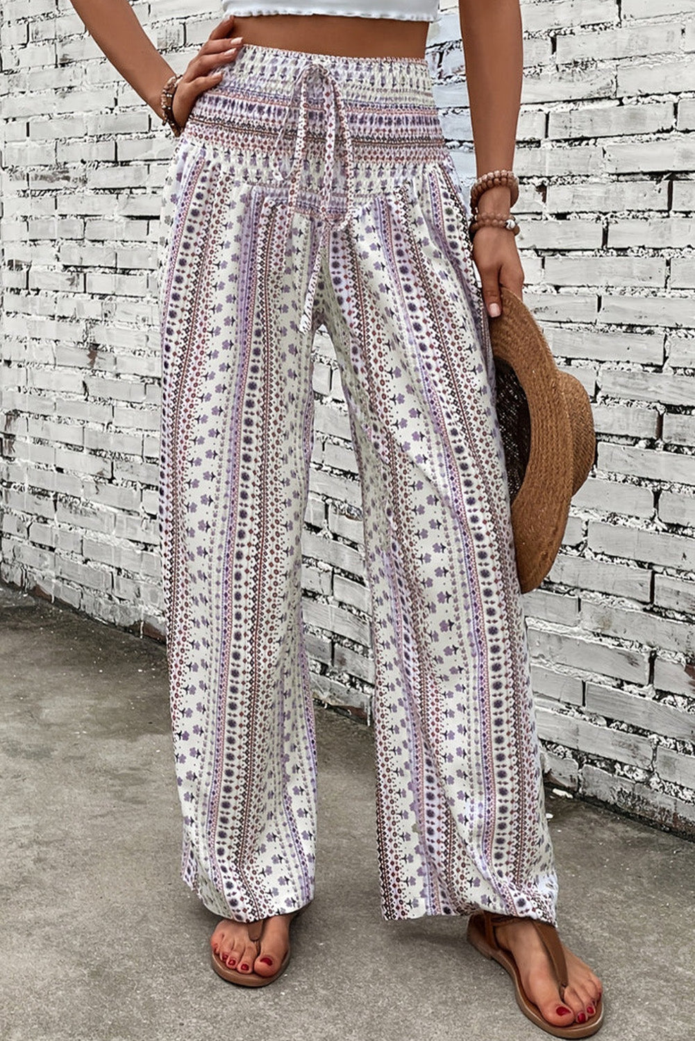 White Floral Print High Waist Drawstring Wide Leg Pants