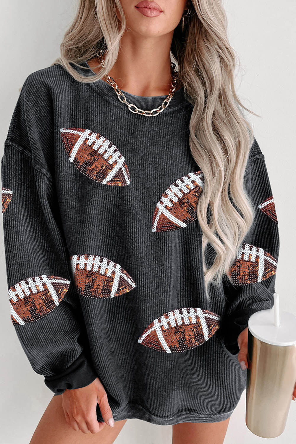 Green Sequin Rugby Graphic Corded Baggy Sweatshirt