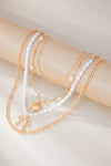 Gold Bow and Heart Pendant Pearl Chain Necklace Set