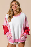 Rose Red Striped Patchwork Side Pocket Loose Sweatshirt