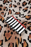 Khaki Leopard Print Colorblock Striped Patchwork Shirt and Pants Pajama Set