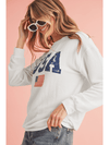 White USA Flag Print Ribbed Drop Shoulder Sweatshirt