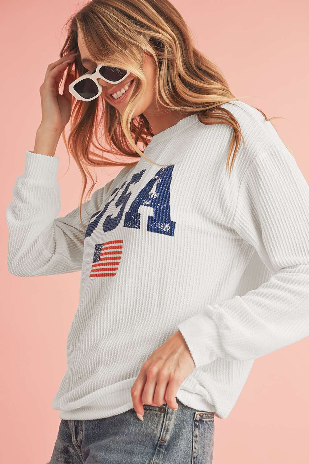 White USA Flag Print Ribbed Drop Shoulder Sweatshirt