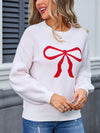 Angel Wings Bow Graphic Round Neck Long Sleeve Sweater - Cocoa Yacht Club