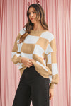 Pink Checked Bishop Sleeve Pullover Sweater