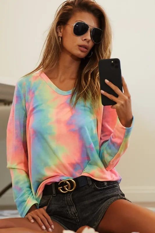 BiBi Tie Dye French TerryLong Sleeve Knit Top