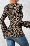 Brown Leopard Print V Neck Flared Long Sleeve Top