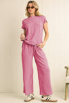 Blue Solid Corded Short Sleeve T Shirt and Wide Leg Pants Set
