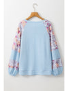 Beau Blue Crinkle Rib Floral Patchwork Balloon Sleeve Top