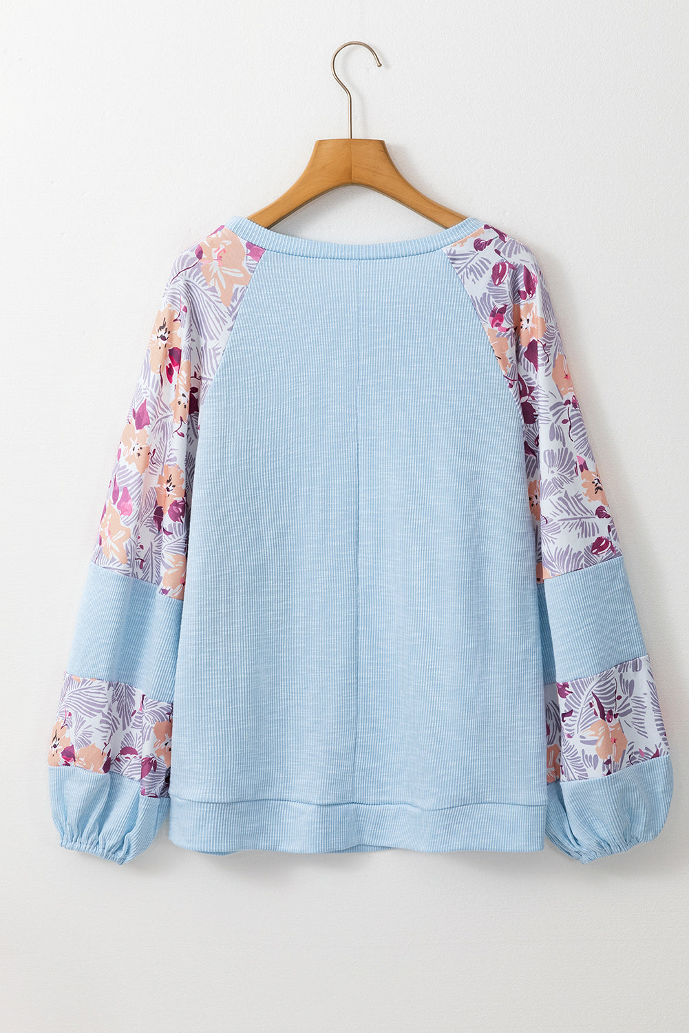 Beau Blue Crinkle Rib Floral Patchwork Balloon Sleeve Top