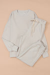 Beige Plain Long Sleeve Top & Drawstring Pants Two Piece Pants Set