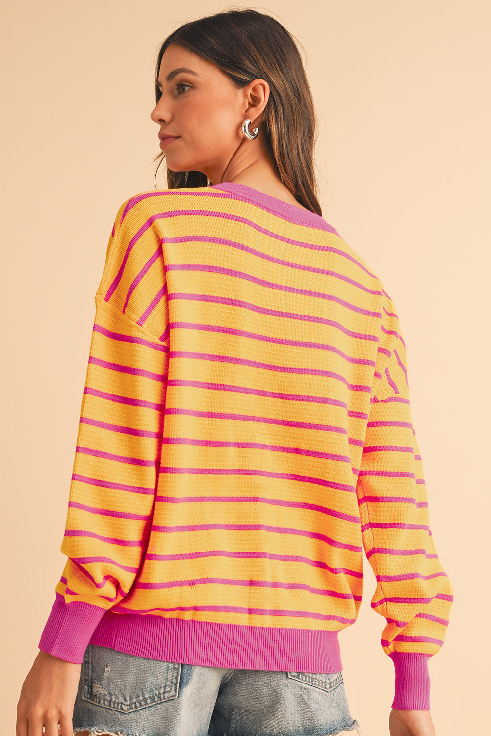 Brown Stripe Round Neck Drop Shoulder Loose Sweater