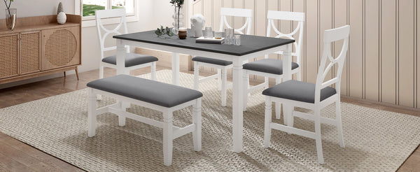 TOPMAX 6-Piece Wood Dining Table Set Kitchen Table Set with Upholstered Bench and 4 Dining Chairs, Farmhouse Style,Gray+White (old sku: SP000003AAK)