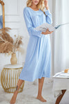 Beau Blue Lace Trim Long Sleeve Nightgown Dress
