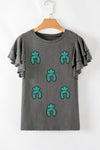 Dark Grey Turquoise Pattern Ruffle Sleeve Tee