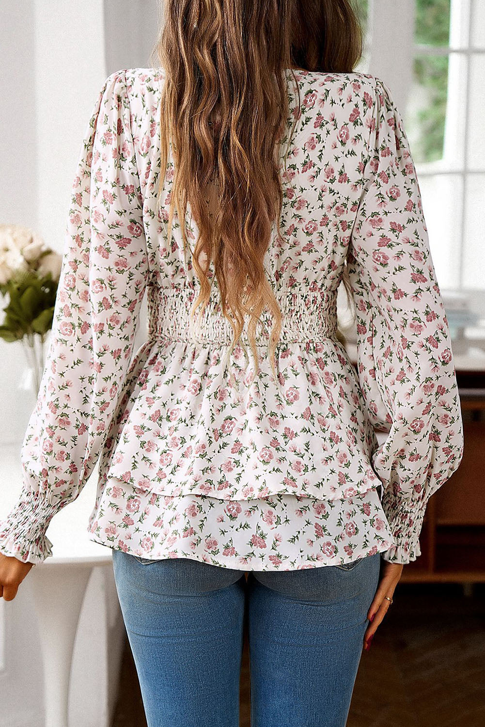 White Floral Print V-Neck Cinch Waist Blouse