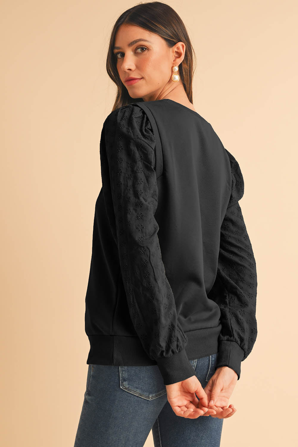 Black Eyelet Embroidered Patchwork Sleeve Ribbed Sweatshirt