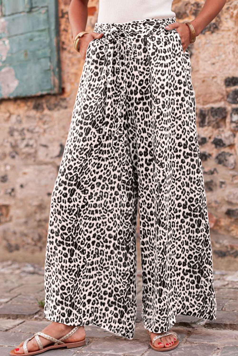 Desert Palm Boho Leopard Print Wide Leg Pants