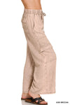 Zenana Washed Linen Elastic Band Waist Cargo Pants