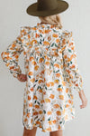 Yellow Floral Print Tie Neck Frill Detail Long Sleeve Mini Dress