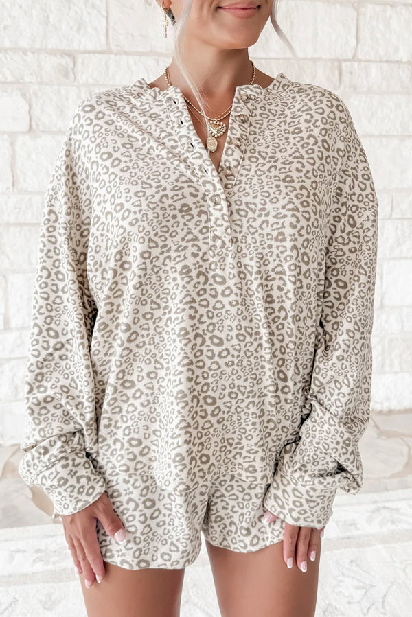 Simply Taupe Allover Leopard Print Henley Pullover and Shorts Set