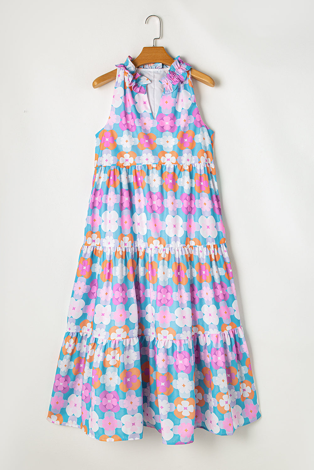 Sky Blue 60s Flower Split Neck Sleeveless Tiered Maxi Dress