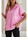 Bonbon Half Zipper Kangaroo Pocket Short Sleeve Hoodie