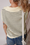 Beige Stripe Turn-down Collar Sleeveless Knitted Top