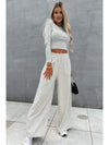 Beige Slim Fit Crop Top and Wide Leg Pants Set