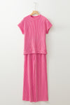 Blue Solid Corded Short Sleeve T Shirt and Wide Leg Pants Set