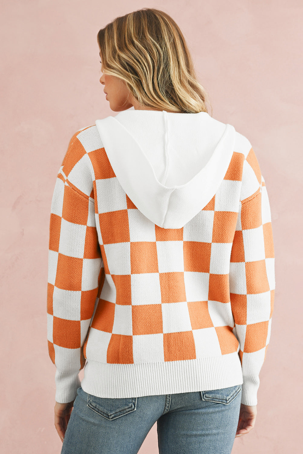 Gold Flame Checkered Split Neck Kangaroo Pocket Hooded Sweater