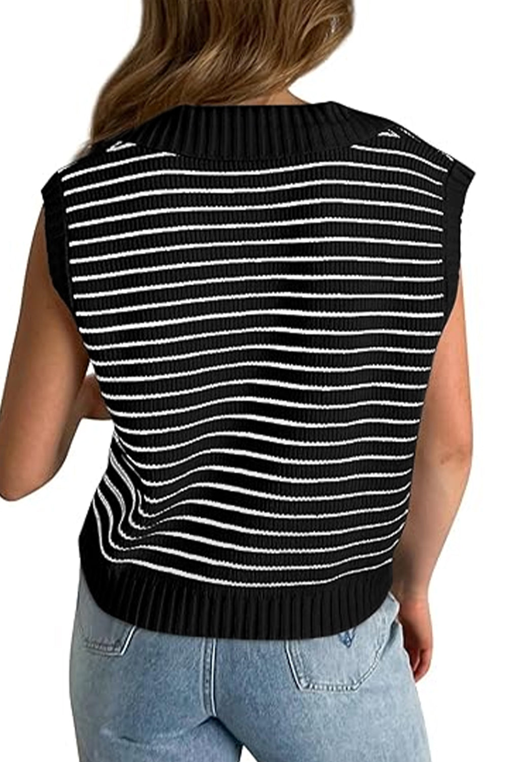 Beige Stripe Turn-down Collar Sleeveless Knitted Top