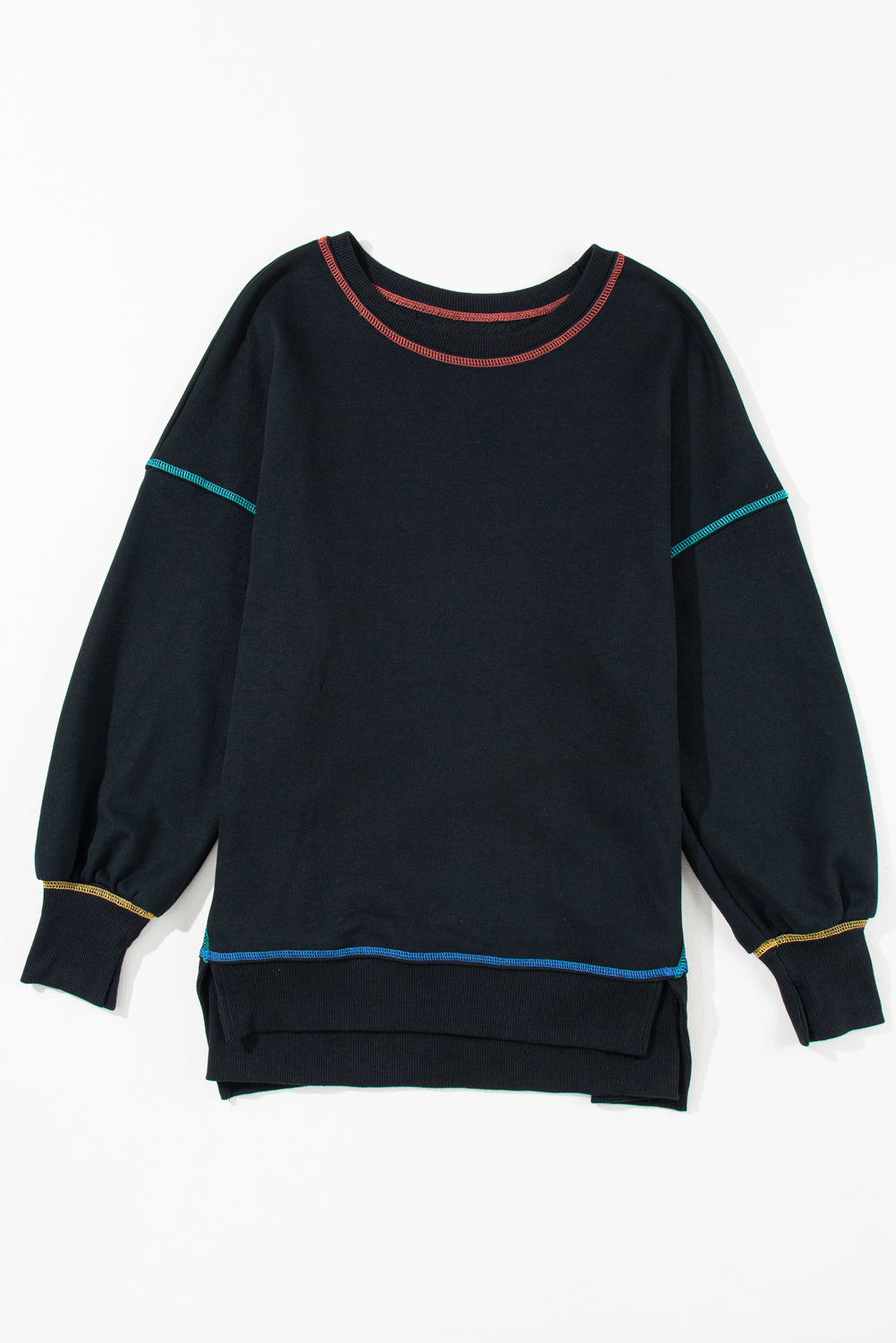 Black Contrast Stitching Split Oversized Sweatshirt