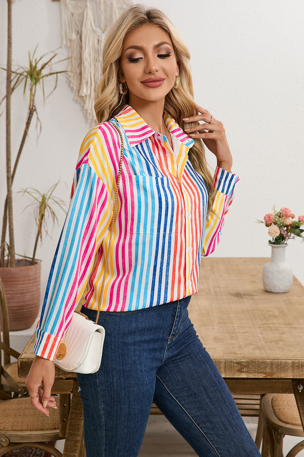 Colorful Striped Patch Pocket Long Sleeve Shirt