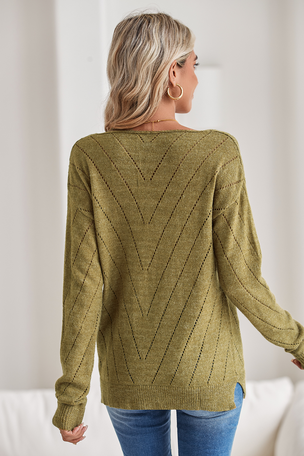 Sage Green Solid Eyelet Drop Shoulder V Neck Sweater