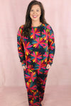 Black Plus Size Floral Printed Long Sleeve and Pants Loungewear Set